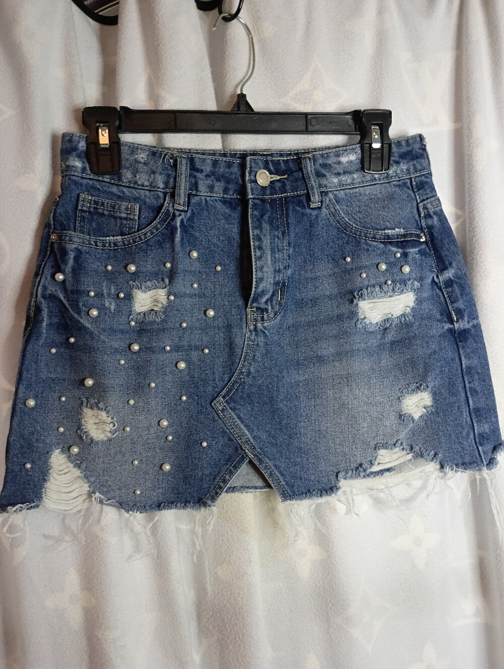 Destructed Distressed Denim Jean Mini Skirt With Pearls